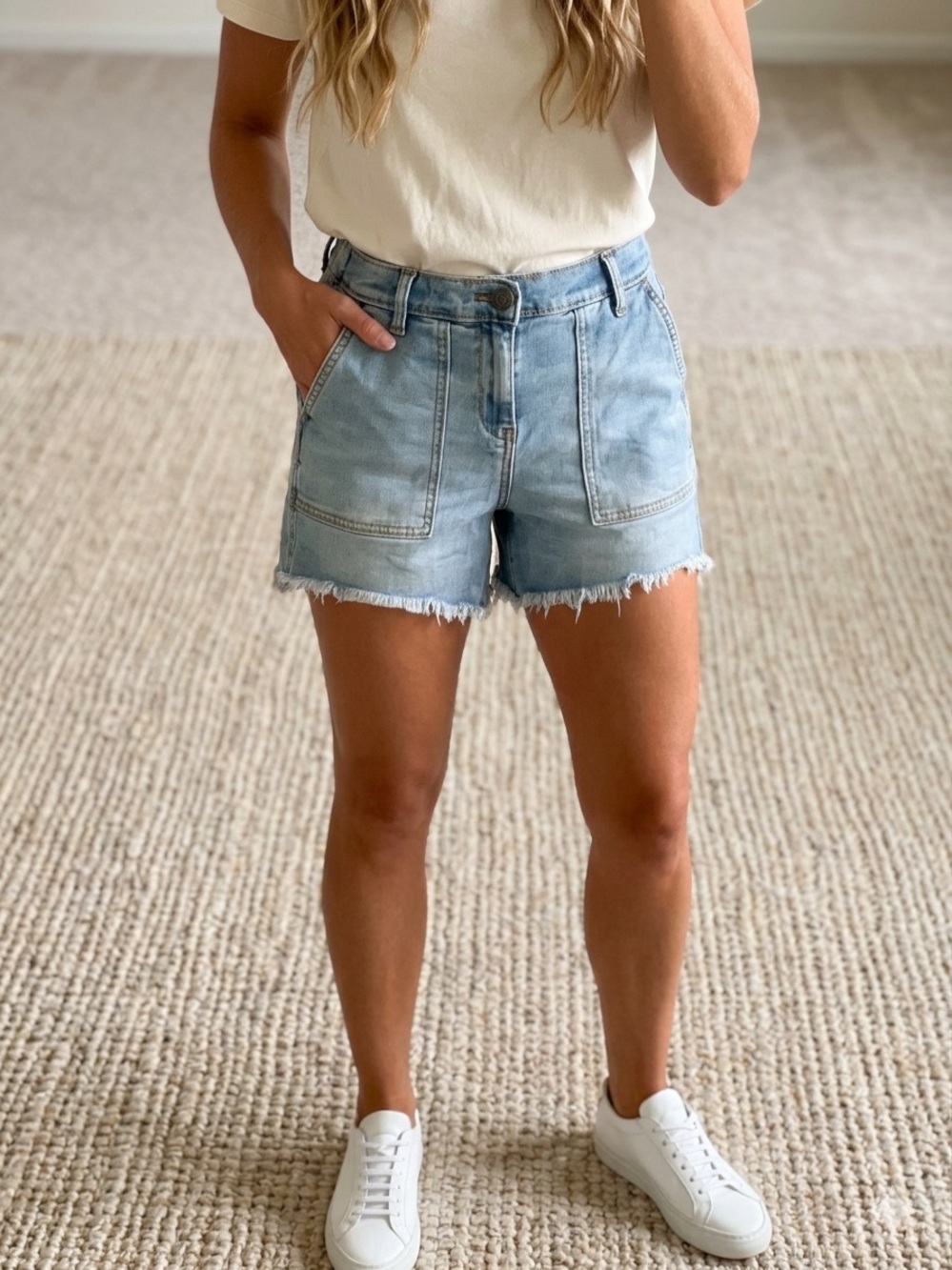aerie Light Wash Denim Frayed-Hem Shorts
